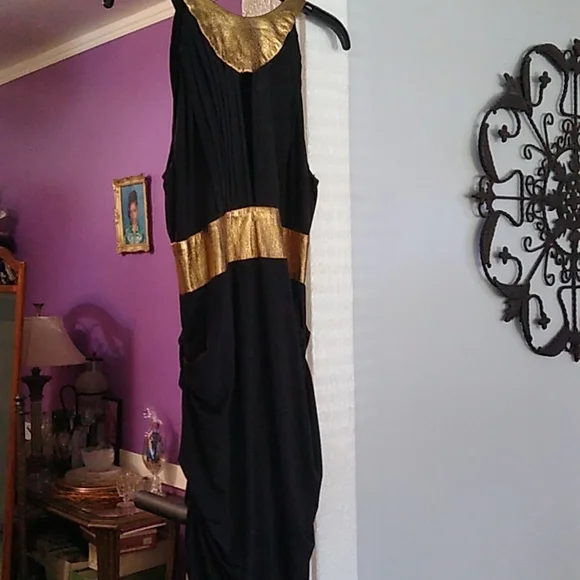 Black knit a leather dress. Has rushing on each side and back. - Picture 2 of 3